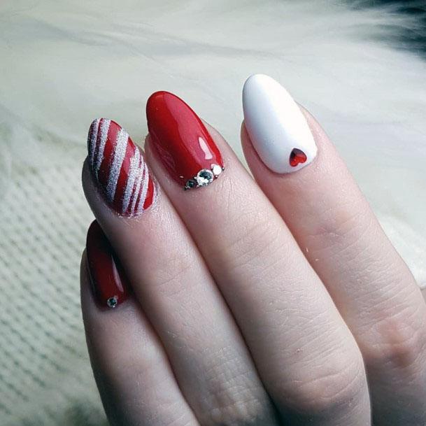 Bright Red And White Sugar Nails Women