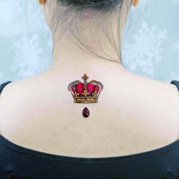 Bright Red Crown Tattoo Womens Back