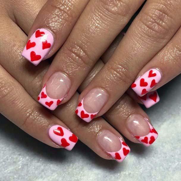 Bright Red Hearts And Light Pink Nails For Women