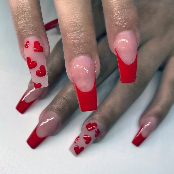 Bright Red Hearts Nails Designs For Women