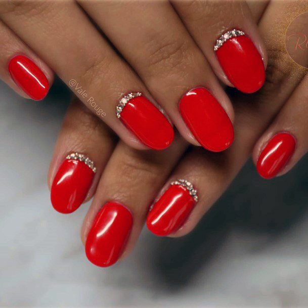 Bright Red Nails With Crystals For Women