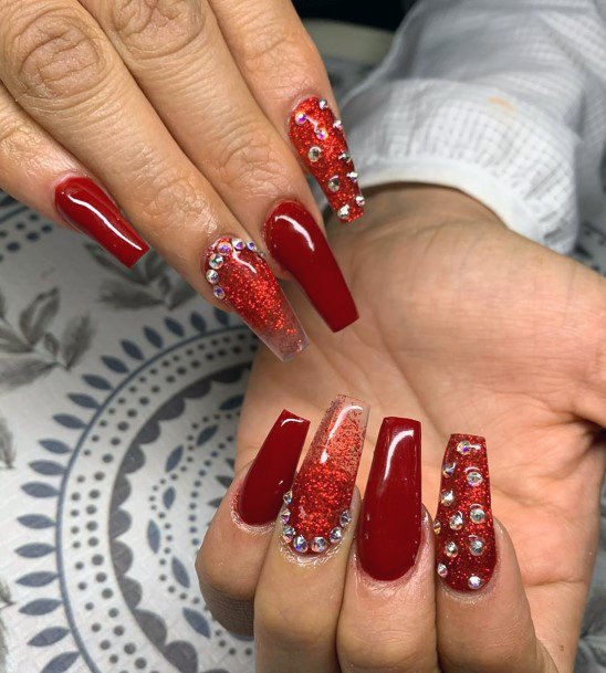 Bright Red Nails With Enchanting Stones Nail Ideas Women