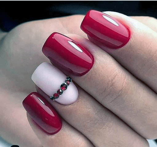 Bright Red Nails With Matte Accent White For Women