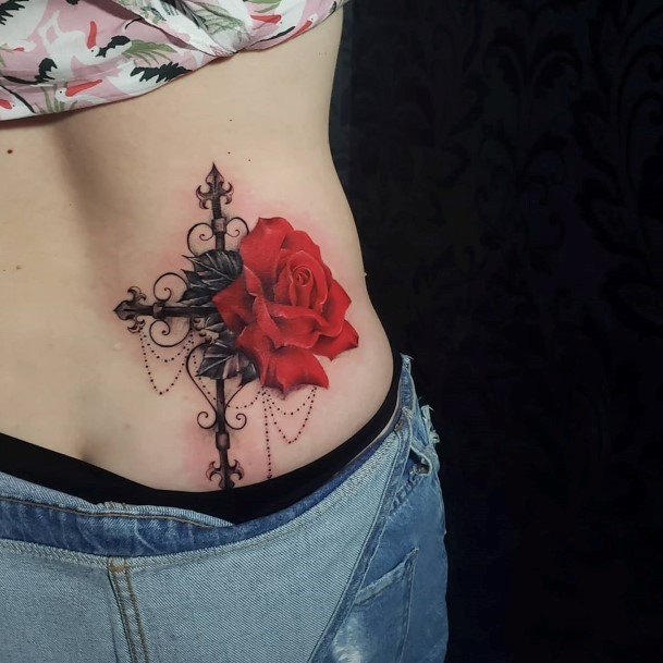 Bright Red Rose And Cross Tattoo Womens Torso