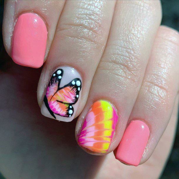 Bright Summer Nails Shellac Orange Pink With Monarch Accent For Women