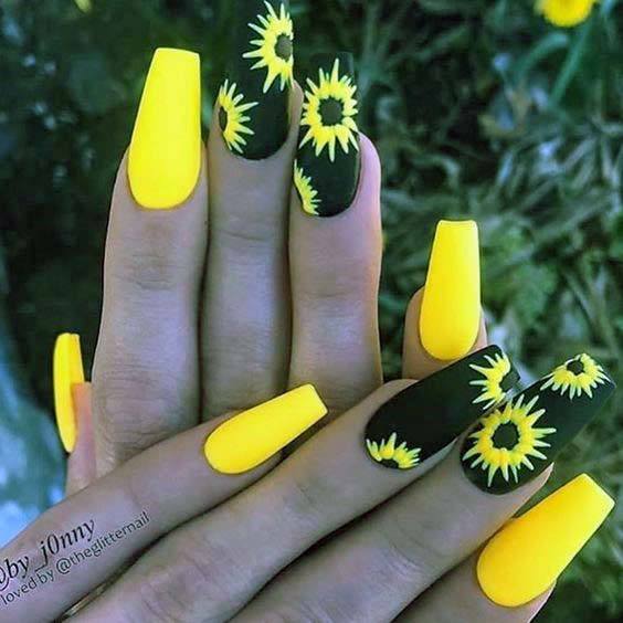 Bright Sunflower Yellow Nails With Black For Women