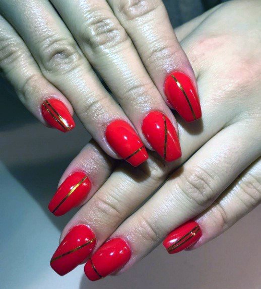 Bright Tomato Red Nails With Angled Golden Lines For Women