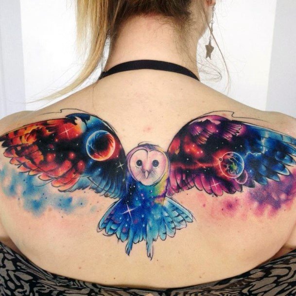 Bright Universe Owl Tattoo Womens Back