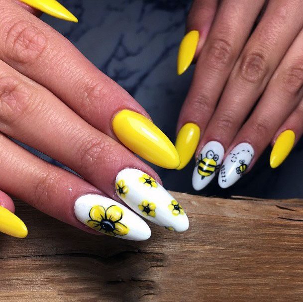 Bright White And Yellow Bee Nails Women