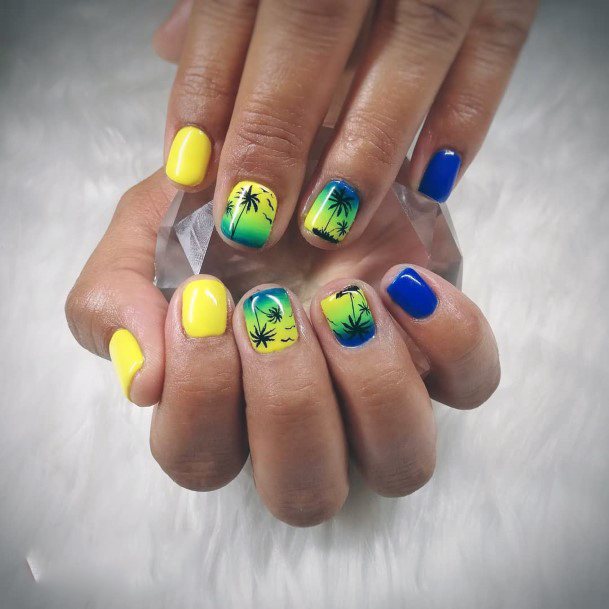 Bright Yellow Blue Nail Design For Women Palm Tree Nails Inspiration