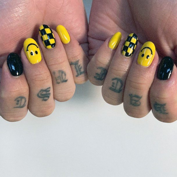 Bright Yellow Smiley And Checks On Nails Women