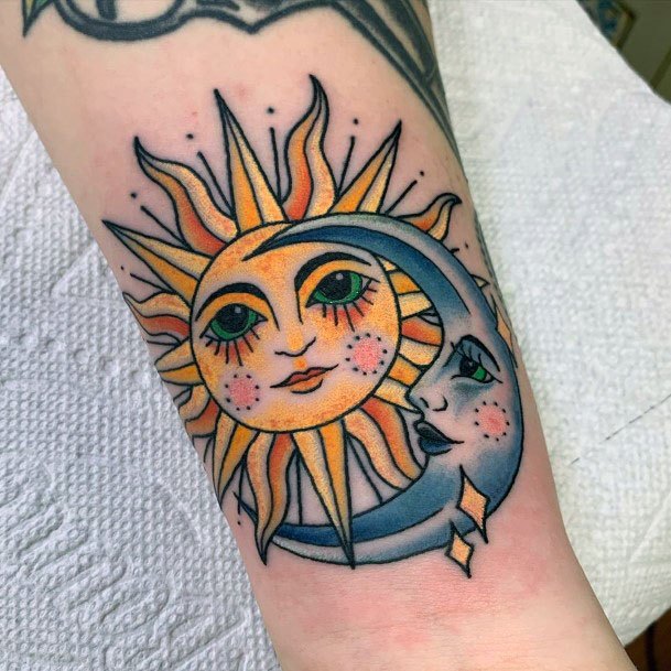 Bright Yellow Sun And Cold Moon Tattoo For Women