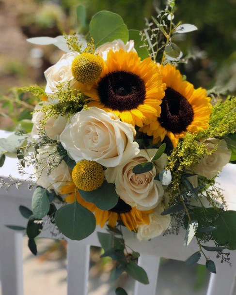 Bright Yellow Sunflowers And White Roses Bouquet