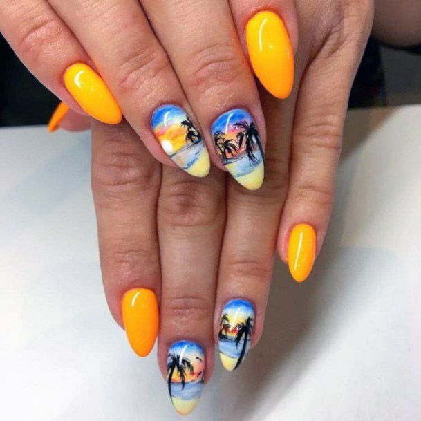 Bright Yellow Tropical Beach Themed Nails Women