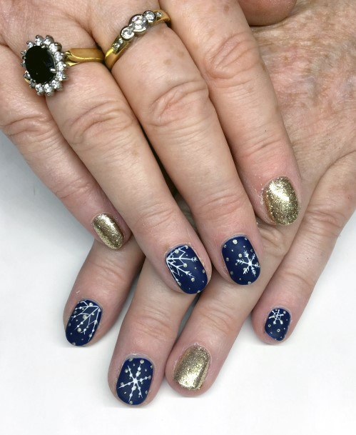 Brilliant Blue And Gold Snow Nails Women