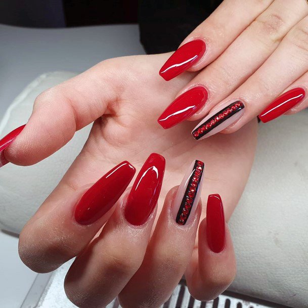 Brilliant Red Nails With String Of Rhinestones Women