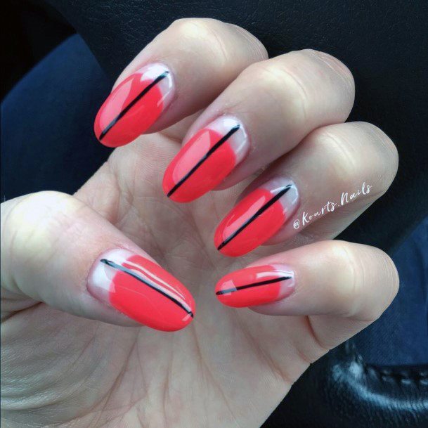 Brilliant Red Orange Nails With Black Line Art For Women