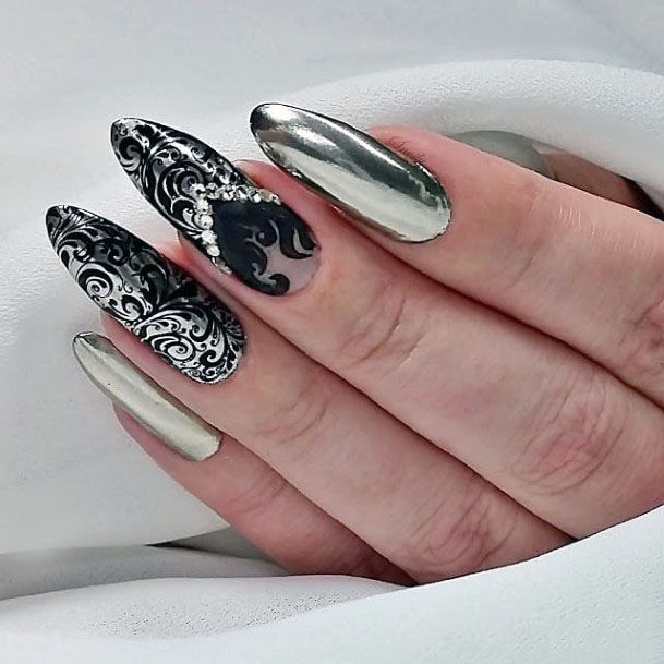 Brilliant Silver Design On Black Nails Women