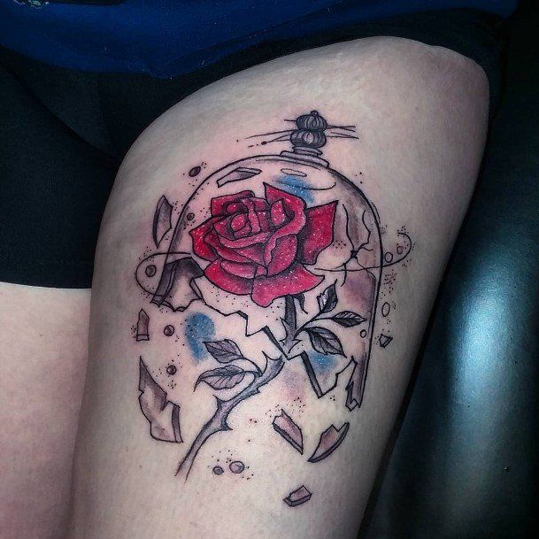 Broken Glass Dome Red Rose Thigh Girls Glamorous Beauty And The Beast Tattoo Inspiration
