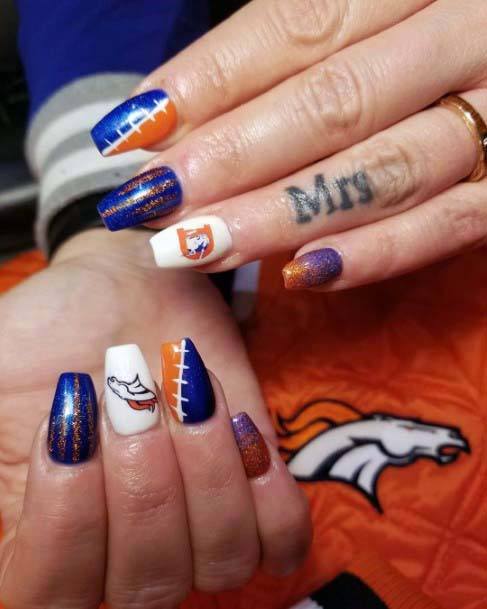 Broncos White Blue And Orange Sport Nails For Women
