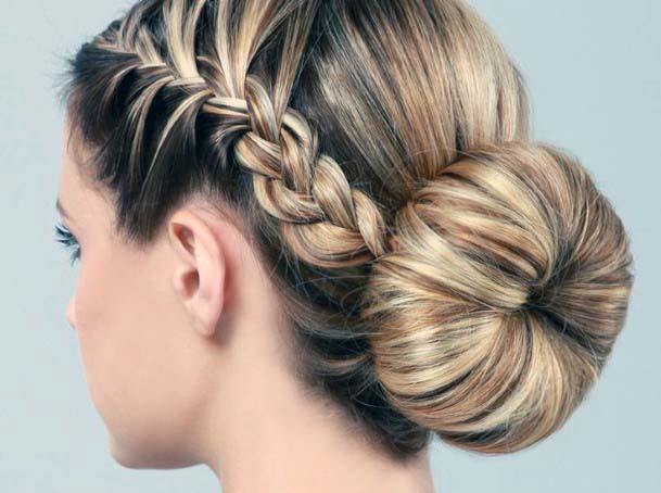 Brown And Blonde Chunky Highlighted Polished Braided Bun Womens Hairstyle Ideas