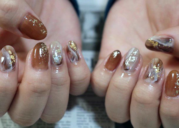 Brown And Gold Gleaming Nails Women