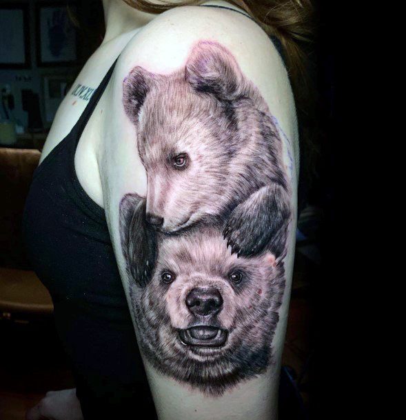 Brown Bear Couple Tattoo For Women Upper Arms