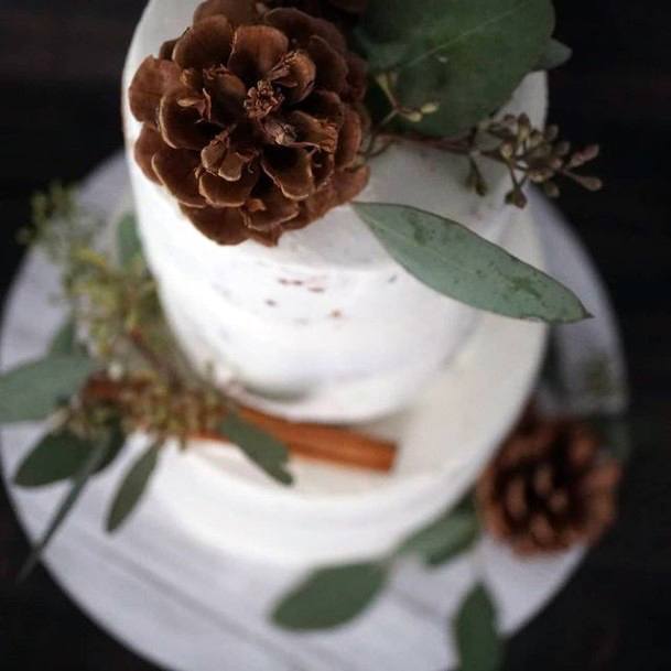 Brown Blossoms On Rustic Wedding Cake