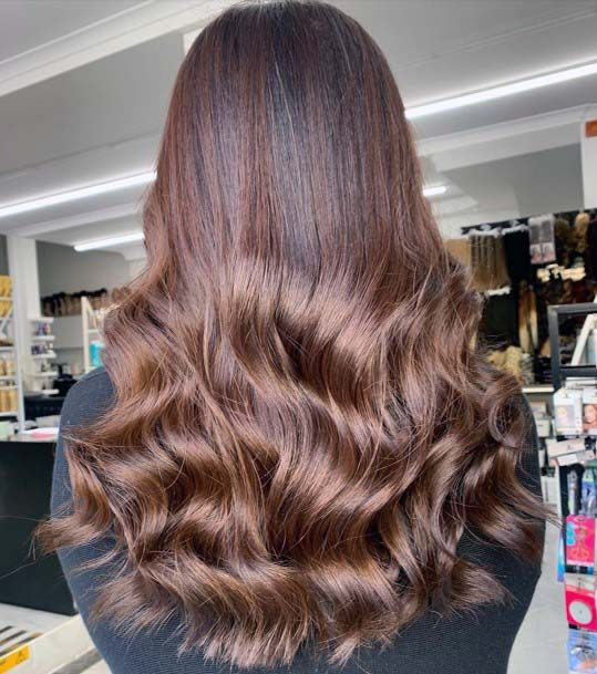 Brown Highlighted Sleek And Shiny Polished Waves Womens Hairstyle Idea