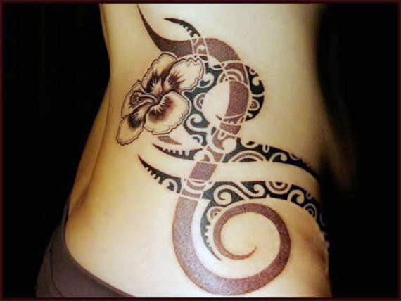 Brown Snake And Floral Tribal Tattoo
