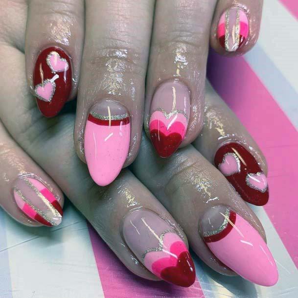 Bubble Gum Pink And Red Heart Art Nails Designs For Women