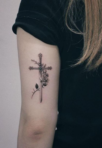 Budding Roses On Cross Tattoo Womens Arms