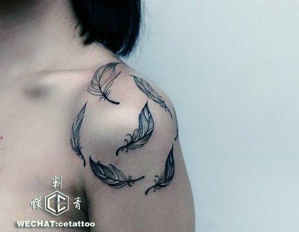 Bunch Of Feathers Floating Tattoo Womens Shoulders