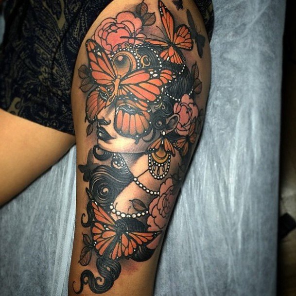 Bunch Of Orange Butterflies Tattoo Womens Arms