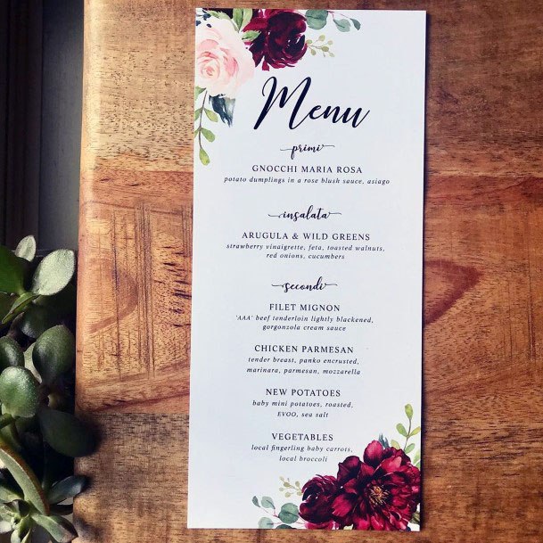 Burgundy Flower On Food Menu Wedding Decorations