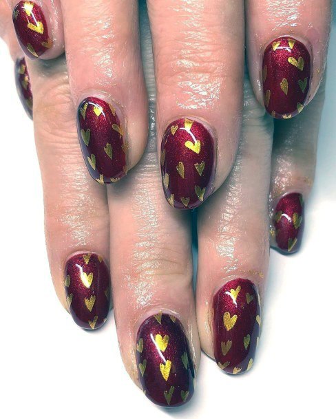 Burning Dark Red And Gold Nails Women