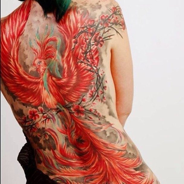 Burning Orange Flame Tattoo Womens Back