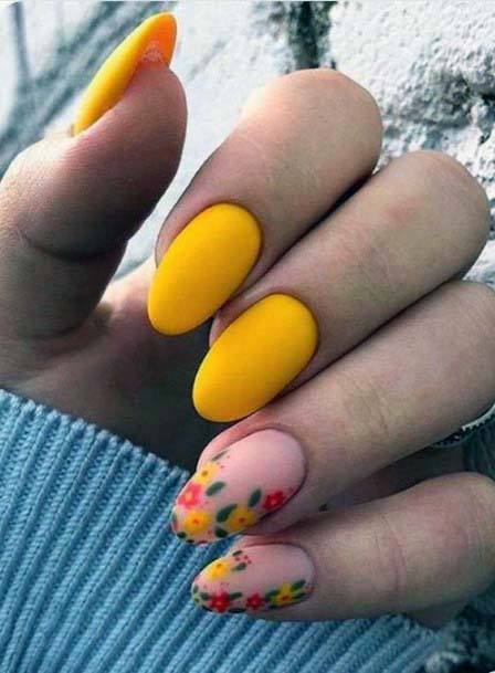 Buttercup Yellow And Coral Nails For Women