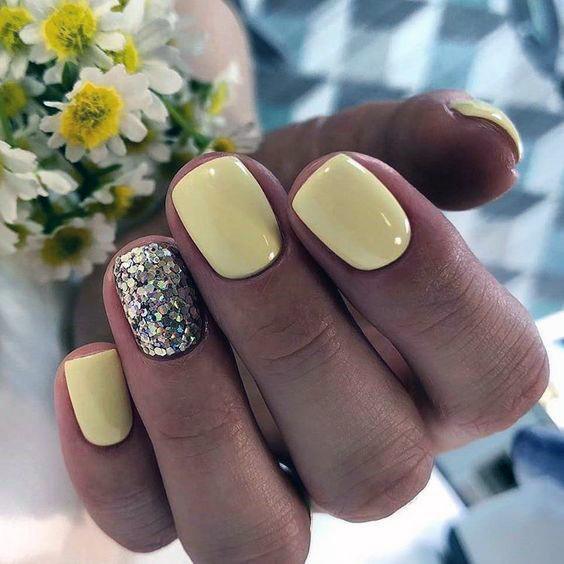 Buttered Pale Yellow Nails With Silver Accent For Women