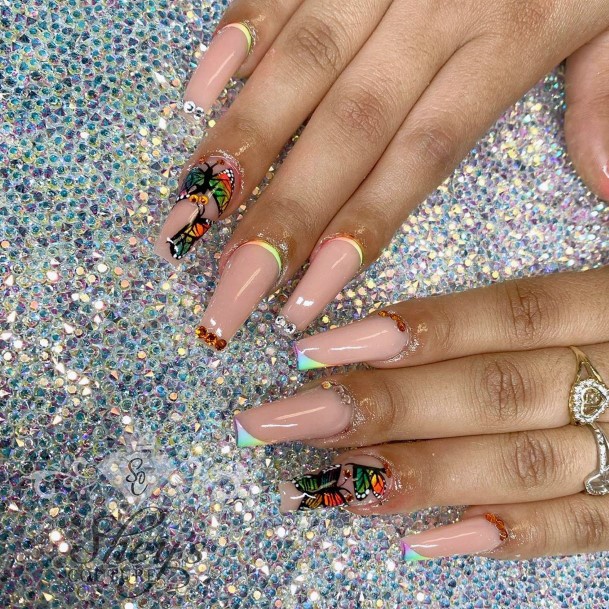 Butterflies And Hologram French Tipped Long Nails Women