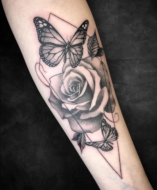 Butterfly And Blossom Tattoo Womens Forearms Black