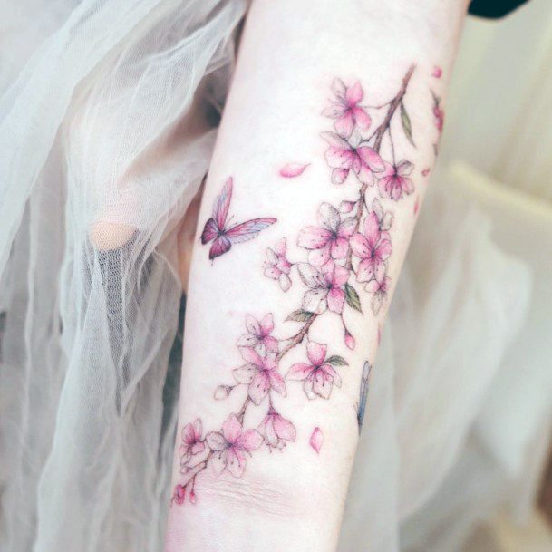 Butterfly And Cherry Blossom Tattoo For Women Hands