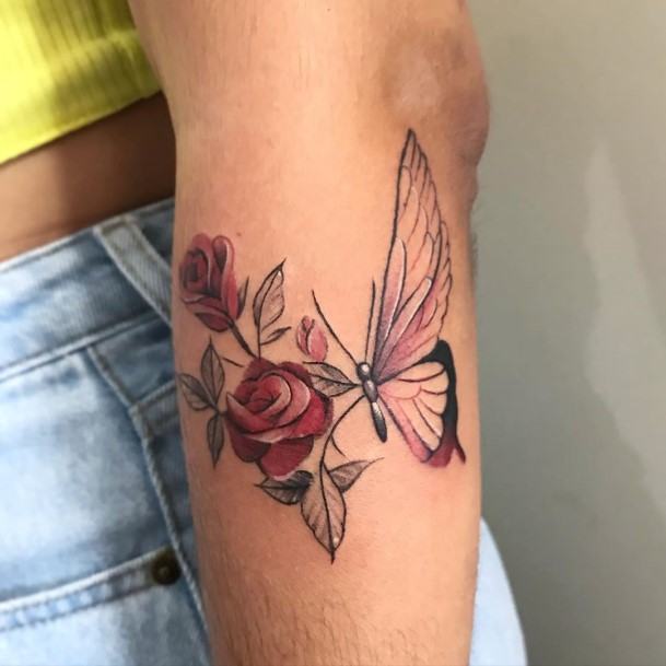 Butterfly And Rose Tattoo Womens Forearms