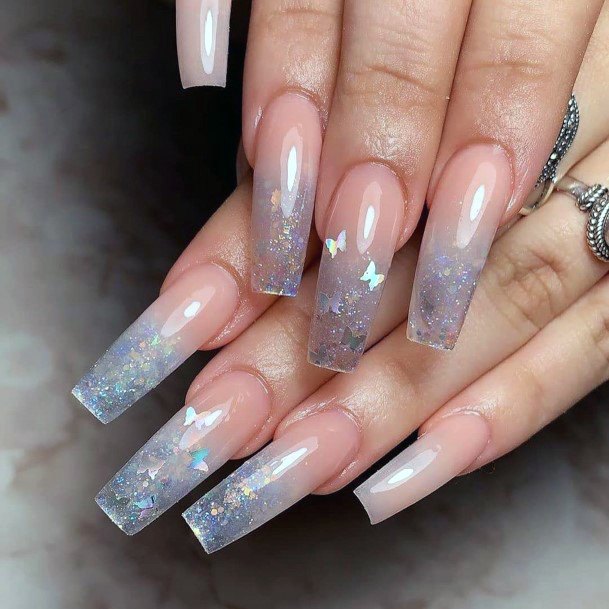Butterfly And Sparkles On Transparent Nails For Women