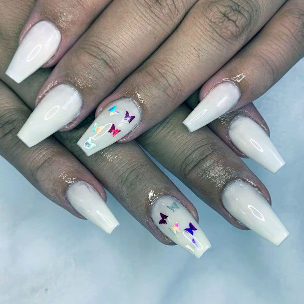 Butterfly Sequins On White Gel Nails For Women