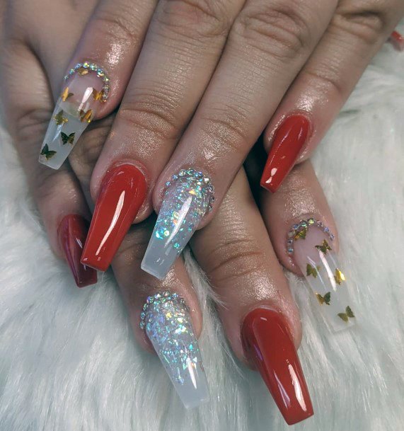 Butterfly Stickers And Glitters Red Orange Nails For Women