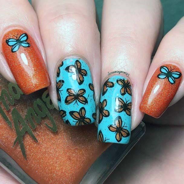 Butterfly Stickers On Blue And Orange Nails For Women