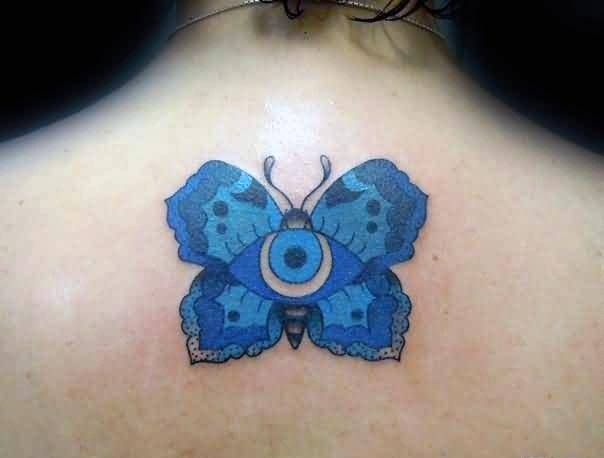 Butterfly With Eye Tattoo Womens Back Blue