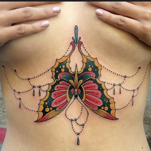 Butterfly With Thin Beaded Chain Tattoo Womens Torso
