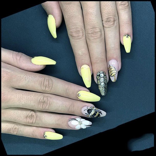 Buttery Yellow And Honey Bee Hive Art Nails Women